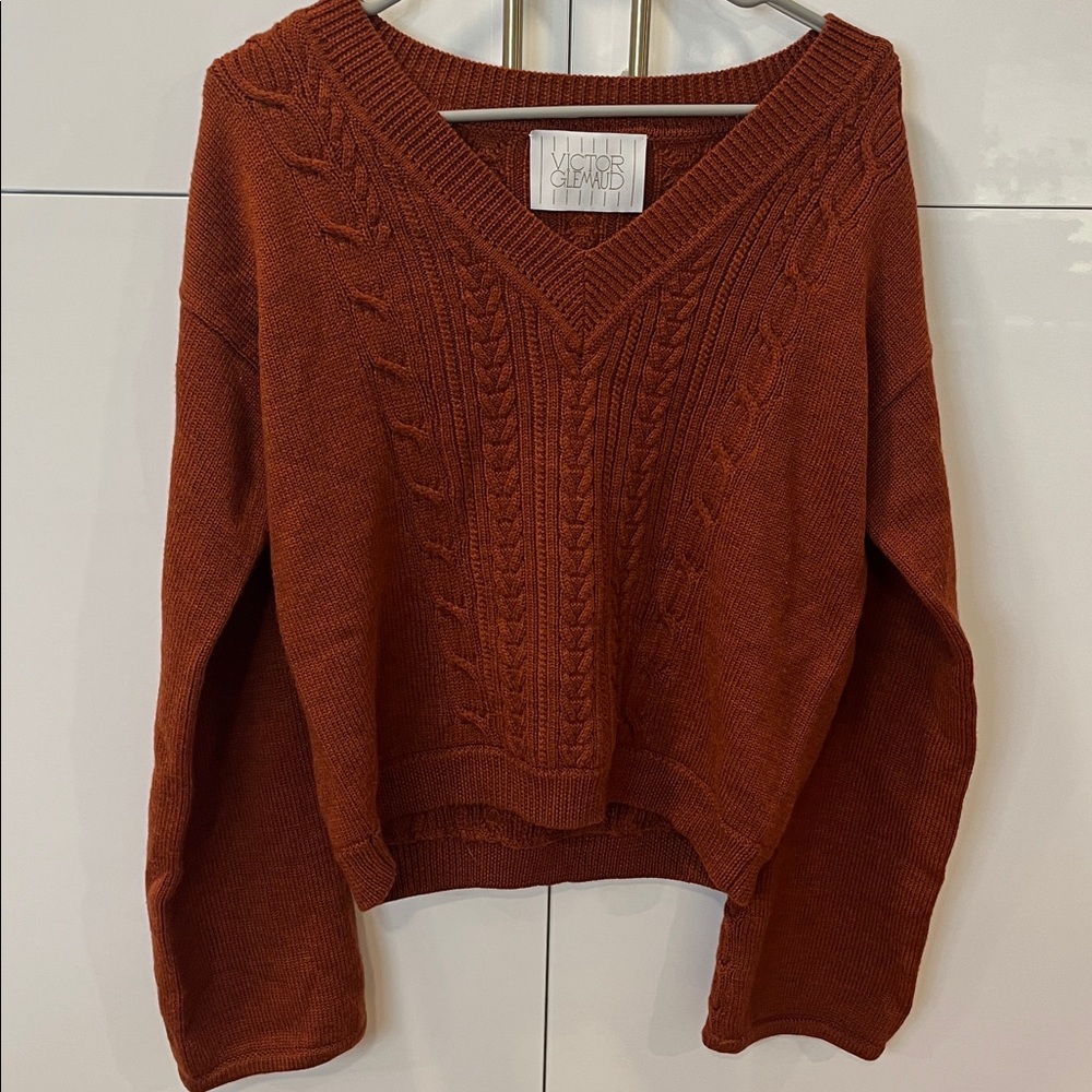 Victor Glemaud Rust 100% Wool Knit Sweater, S- Preppy, Boxy, Cozy, Collegiate